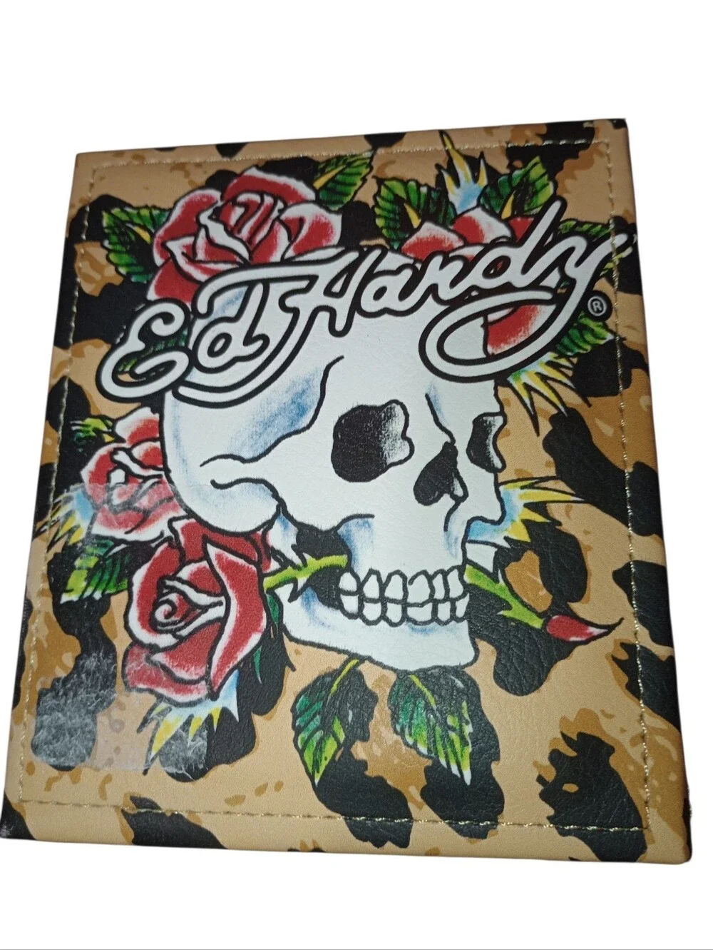Ed Hardy Black Bifold Wallet with Rose Skull Artwork Gift Box, NWT